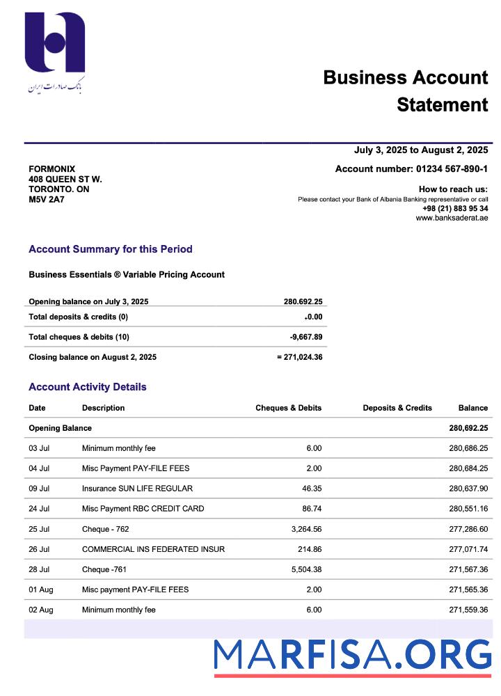 Realistic Persian Bank Saderat Persian firm account statement Word and PDF template